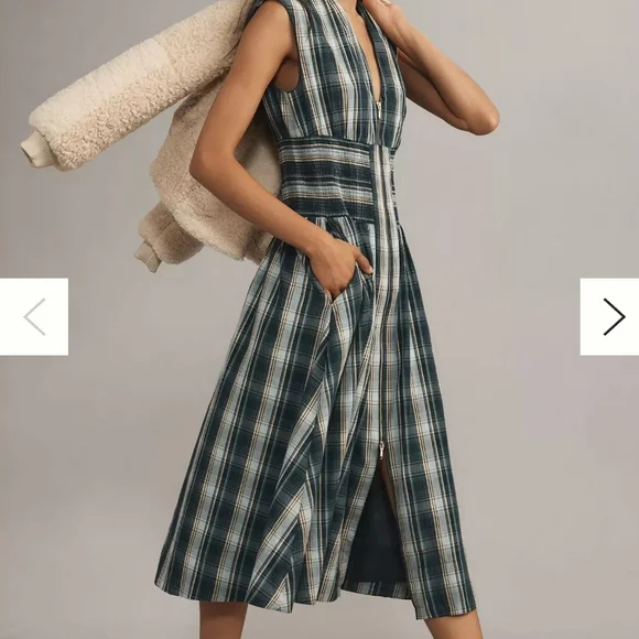 Anthropologie Teal Plaid Midi Dress with Smocked Waist - Picture 3 of 9